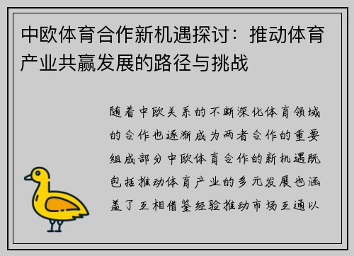 中欧体育合作新机遇探讨：推动体育产业共赢发展的路径与挑战